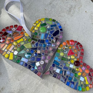 Mosaic Rainbow Heart Ornament, Inside or out, garden, patio, porch, yard, fence, love heart, gift, personalised, mum, memorial,pet,wife,15cm image 5