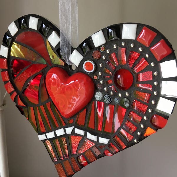 Red Mosaic Hanging Heart Ornament, love heart, mothers day, Mosaic, heart ornament, heart gift, love heart, gifts for her, ladies gifts, mum