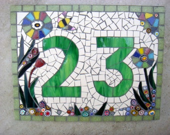 Numero civico a mosaico personalizzato, Insegna, Targa, Indirizzo, Arte del cortile, Numero su misura, Cifra, Esterno, Appeso a parete, ornamento, Vetro, numero di porta,