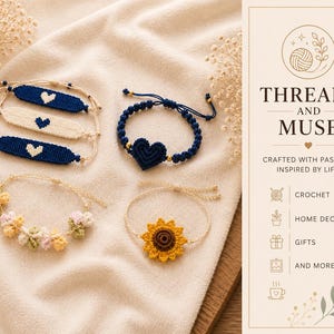 May include: Five handmade bracelets featuring various designs: three flat woven bands with heart motifs, one dark blue knotted bracelet with a heart charm, one floral bracelet in pastel tones, and one yellow sunflower bracelet with adjustable cords.