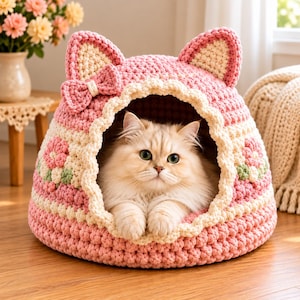 May include: A pink crocheted cat bed shaped like a cat head with two pointed ears, a small bow on the left side, and a scalloped cream-colored trim. The exterior features a textured pattern with small pink and green floral accents on the sides.