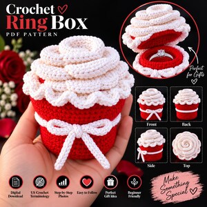 May include: A crochet ring box PDF pattern featuring a red base with a white bow and a white rose-shaped lid. The image displays the box from multiple angles, including an open view with a ring inside, alongside text labels for the digital pattern.