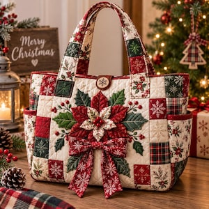 Könnte beinhalten: Eine gesteppte Tragetasche mit einem Patchwork-Design aus roten, grünen und cremefarbenen Quadraten mit Schneeflocken-, Karomustern und Weihnachtssternen. Die Vorderseite ist mit einem großen Stoff-Weihnachtsstern, grünen Blättern und einer roten Schleife verziert.