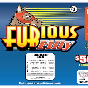 May include: A blue Furious Filly pull-tab game board featuring a cartoon horse in a red mask, the text Furious Filly, and instructions to open tabs or use the flash board. It displays prize amounts of $500 for horse and bingo winners.