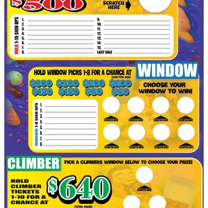 May include: A Big Mike lottery ticket featuring a cartoon character, colourful ice cream graphics, and multiple scratch-off sections. The ticket includes text for Hold, Window, and Climber games with prize values of $500, $640, and various dollar amounts.