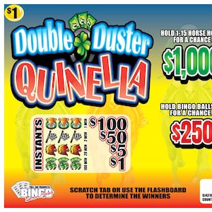 May include: A Double Duster Quinella pull tab game card featuring a yellow and orange background with horse racing imagery. The card displays text including $1,000, $250, and various prize amounts, with two white scratch-off areas and game instructions.