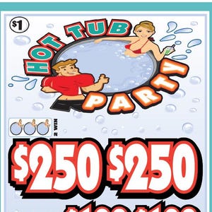 May include: A Hot Tub Party pull tab game card featuring a $1 price tag, illustrations of people in a hot tub, and prize tiers of $250, $100, $20, $5, and $1. The card displays winning symbol combinations including hot tubs, shirts, figures, drinks, and sandals.