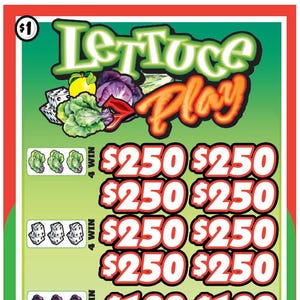 May include: A rectangular lottery pull tab ticket with a green background featuring the text LetTuce Play. The design includes illustrations of lettuce, dice, and fruit. It displays various winning combinations and prize amounts ranging from $1 to $250.