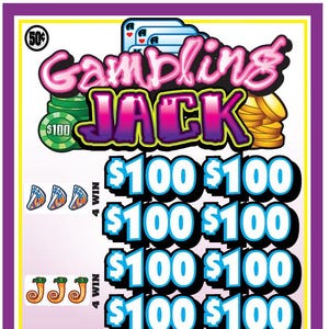 May include: A rectangular Gambling Jack pull-tab game card featuring pink and purple text, stacks of green and gold coins, and rows of prize amounts including $100, $50, $10, $2, and $1. The card displays various card suit icons and game symbols.