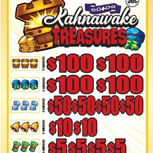 May include: A rectangular Kahnawake Treasures pull tab game card with a yellow border. The top features a treasure chest and gold coins. It lists prize tiers with icons of chests, gems, bells, and money rolls, showing payouts from $100 down to 50 cents.