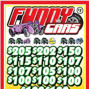 May include: A rectangular Funny Cars pull tab game card with a yellow background and red border. The top features a purple vintage car illustration and the text Funny Cars. Below are rows of dollar amounts in green and white, plus small car icons.