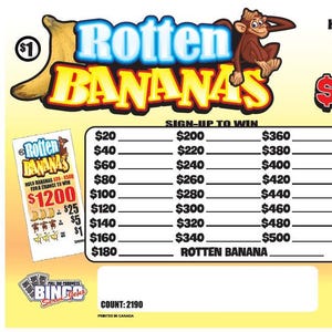 May include: A rectangular Rotten Bananas lottery ticket game card featuring a cartoon monkey, the text $1200, a list of prize amounts from $20 to $500, and two grey scratch-off areas with instructions to scratch here to reveal potential winnings.