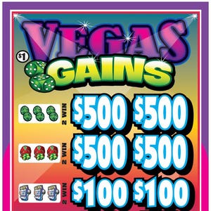 May include: A rectangular Vegas Gains pull tab game card featuring a gradient background of purple, orange, and yellow. The card displays various winning combinations of dice, slot machines, coins, and playing cards with corresponding dollar amounts.