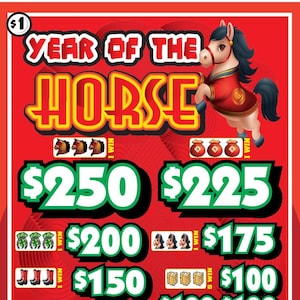 May include: A red Year of the Horse pull-tab game card featuring a cartoon horse illustration, various prize amounts in green text, and winning symbol combinations including horses, money bags, horseshoes, boots, and bales of hay on a red background.