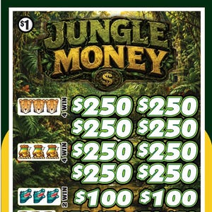 May include: A Jungle Money pull-tab game card featuring a jungle background with gold text. The card displays various winning symbol combinations including cheetahs, crocodiles, and gold coins, with prize amounts ranging from $1 to $250.