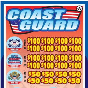 May include: A Coast Guard themed pull tab game card featuring a red, white, and blue color scheme. The card displays the text COAST GUARD, various prize amounts including $100, $50, $3, and $2, and circular icons with military emblems.