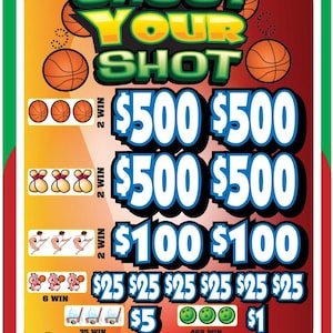 May include: A rectangular Shoot Your Shot pull tab game card with a red and orange gradient background. The card features basketball graphics, prize amounts of $500, $100, $25, $5, and $1, and various icons including bowling pins, pigs, and bowling balls.