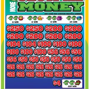 May include: A rectangular pull-tab game card titled SHOW ME MORE MONEY in bold yellow and red letters. The card features a blue gradient background with rows of red dollar amounts ranging from $26 to $250, plus winning prize icons.