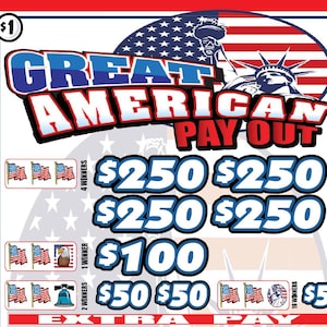 May include: A Great American Pay Out pull tab game card featuring a red, white, and blue theme with the Statue of Liberty. The card displays various prize amounts including $250, $100, $50, and $5, alongside icons like flags, eagles, and food items.