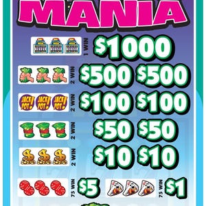 May include: A 1K Mania lottery ticket featuring a purple and blue background with yellow text. The ticket displays various winning symbols including slot machines, cash, jackpots, dice, and cards, alongside prize amounts ranging from $1 to $1000.