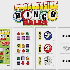 May include: A Progressive Bingo Balls pull-tab game card featuring a green background with red money bags, gold coins, and dollar signs. The card displays bingo balls numbered B02, I22, and N44, with text indicating a $200 total seal prize.
