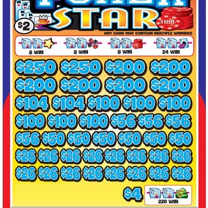 May include: A rectangular Poker Star pull tab game card with a yellow background and blue border. The top features the text POKER STAR, a $2 price, and a stack of red $100 chips. Below are rows of blue dollar amounts ranging from $26 to $250.