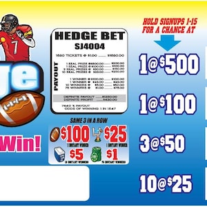 May include: A rectangular Hedge Bet pull-tab game card featuring football players, a brown football, and the text Hedge Bet All Holders Win. It includes a payout table, prize amounts, and four gray scratch-off panels with instructions to open all tabs.