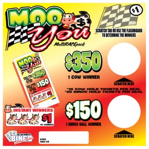 May include: A yellow and orange Moo You MultiRACEpack pull tab game card featuring a cartoon cow, checkered flags, and text including $350 1 COW WINNER, $150 1 BINGO BALL WINNER, and INSTANT WINNERS $1. Two white circular scratch areas are visible.