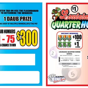 May include: Two rectangular Louisiana Quarter Horse game cards, one blue and one red. Each features a horse graphic, the text 1 DAUB PRIZE, 150 TOTAL HOLDERS, and a scratch-off area. The cards display prize amounts of $300 and $500 respectively.