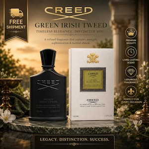 May include: A black glass perfume bottle and its white rectangular box, both labeled Creed Green Irish Tweed, 100 ml, 3.3 fl. oz. The bottle features a black cap and embossed text. The box displays a gold crest and the text De Pere En Fils Depuis 1760.