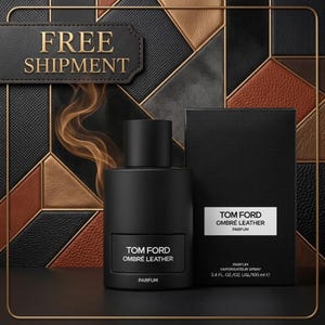 May include: A matte black Tom Ford Ombré Leather Parfum bottle and its matching rectangular box. The label reads Tom Ford Ombré Leather Parfum. The box indicates 3.4 fl. oz./100 ml. A wisp of smoke curls behind the bottle against a geometric background.