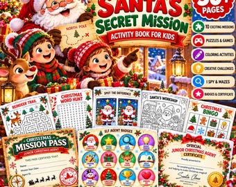 Activiteitenboek 'De geheime missie van de Kerstman' voor kinderen | Kerstpuzzels, spelletjes en kleurplaten (digitale download)