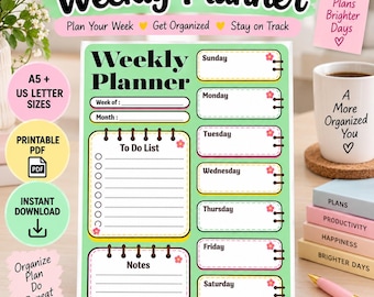 Undated Weekly Printable Planner PDF | A5 & US Letter, To-Do List, Notes (Digital Download)