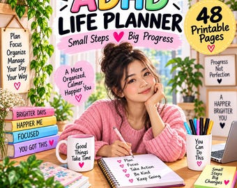 ADHD Life Planner Printable, Low Overwhelm Organizer, Daily Weekly Monthly Planner (PDF)