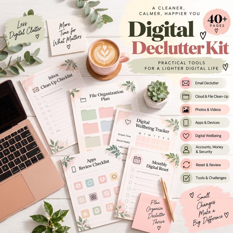 digital declutter, digital planner, Good notes planner, digital organization ,
 inbox clean up, email organizer, photo cleanup,  file organization,  device declutter ,
digital wellbeing, password tracker, weekly digital reset, digital life planner