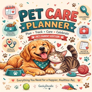 Planificador imprimible para el cuidado de mascotas, registro de salud para perros y gatos, registro de alimentación y visitas al veterinario (descarga digital)
