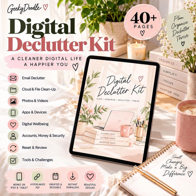 digital declutter, digital planner, Good notes planner, digital organization ,
 inbox clean up, email organizer, photo cleanup,  file organization,  device declutter ,
digital wellbeing, password tracker, weekly digital reset, digital life planner