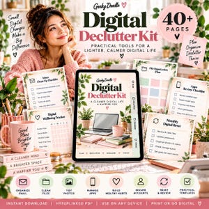 May include: A digital declutter kit featuring over 40 pages of organizational tools. The kit includes an inbox clean-up checklist, digital wellbeing tracker, file organization plan, apps review checklist, and a monthly digital reset guide in a PDF format.