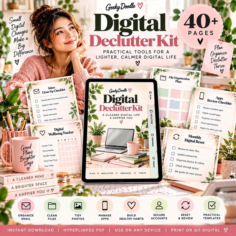 digital declutter, digital planner, Good notes planner, digital organization ,
 inbox clean up, email organizer, photo cleanup,  file organization,  device declutter ,
digital wellbeing, password tracker, weekly digital reset, digital life planner