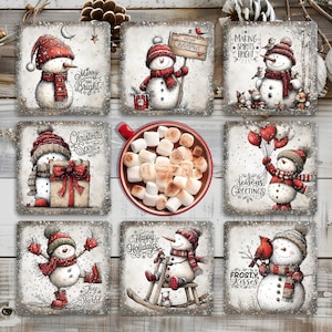 May include: A set of eight square coasters featuring illustrations of snowmen in red hats and scarves with holiday text like Merry and Bright, Christmas Spirit, Seasons Greetings, Happy Holidays, and Frosty Kisses, surrounding a mug of hot cocoa.