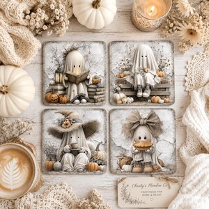 May include: Four square coasters featuring illustrations of ghosts in autumn settings. One ghost reads a book, one sits on a crate, one wears a wide-brimmed hat with a coffee cup, and one holds a pie. The designs include pumpkins and dried flowers.