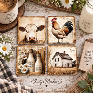 May include: A set of four square coasters featuring rustic farm-themed illustrations. One shows a cow, another a rooster, a third displays milk bottles with the text Farm Fresh Milk and Dairy Cream, and the fourth depicts a farmhouse in a field.