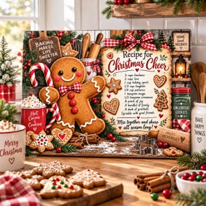 Könnte beinhalten: Ein dekoratives Schild mit einem Lebkuchenmann, einer Zuckerstange und einem Rezept für Weihnachtsstimmung. Das Schild enthält Text, eine rot-weiß karierte Schleife und Keksillustrationen. Daneben liegen Lebkuchenkekse, Zimtstangen und Tassen.