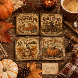 May include: Four square coasters with vintage-style autumn illustrations. Designs include Pumpkin Pie, Acorn Coffee, Maple Syrup, and Pumpkin Harvest. Each coaster features decorative text, fall foliage, and seasonal imagery in warm, muted tones.