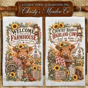 Puede incluir: Dos paños de cocina blancos con ilustraciones de vacas Highland. El paño izquierdo dice Welcome to our little farmhouse, el derecho Country roads & Highland cows lead me home. Ambos incluyen linternas, girasoles y elementos de granja.