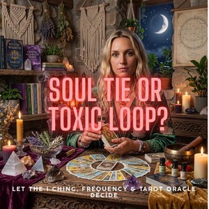 May include: A person with blonde hair sits at a wooden table with tarot cards arranged in a circle. The text reads SOUL TIE OR TOXIC LOOP? LET THE I CHING, FREQUENCY & TAROT ORACLE DECIDE. The scene includes candles, crystals, books, and plants.