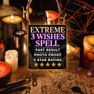 Puede incluir: Una colección de velas encendidas de varios tamaños y colores, incluyendo negro, blanco y naranja, dispuestas alrededor de un letrero central que dice EXTREME 3 WISHES SPELL FAST RESULT PHOTO PROOF 5 STAR RATING con cinco estrellas doradas.