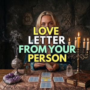 Könnte beinhalten: Eine Person in einem dunkel-türkisfarbenen Kleidungsstück sitzt an einem Tisch mit Tarotkarten, einer Kristallgruppe, einem Metall-Räuchergefäß mit Rauch, zwei klaren Kristallen und einem Messing-Kerzenständer mit vier brennenden Kerzen.