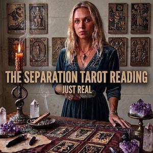 Könnte beinhalten: Eine Person in einem dunkelgrünen Samtkleid steht hinter einem Tisch mit Tarotkarten, Kristallen und einer brennenden Kerze. Der Text THE SEPARATION TAROT READING JUST REAL ist zentriert. An der Wand hängen gerahmte Tarotkarten.