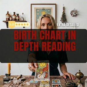 Può includere: Una persona tiene in mano una carta dei tarocchi con l'illustrazione de Il Sole, con il testo BIRTH CHART IN DEPTH READING ed EXTRA DETAILED. La scena include una candela gialla, flaconi di vetro, una stampa incorniciata e vari tarocchi.